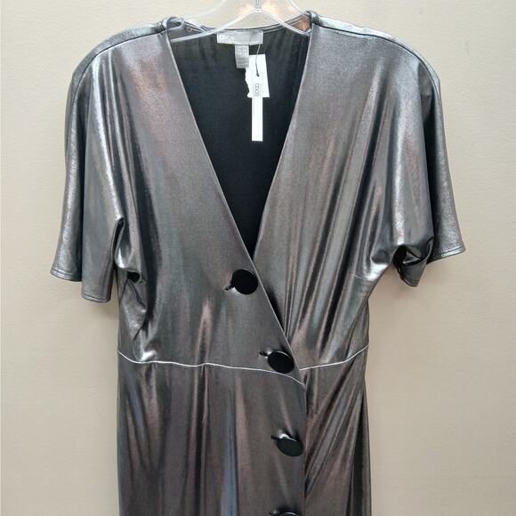 asos NWT Metallic Silver Midi Wrap Dress Large Buttons Event Evening Size 6 - Picture 3 of 4